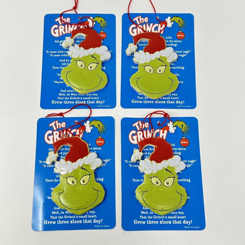Grinch Christmas Ornament Resin Dr. Seuss Story Card 3 Inch Face Set of 4